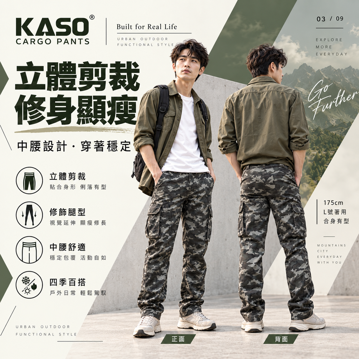 KASO 2606 彈性透氣迷彩多口袋工作褲 迷彩花色正面版型展示