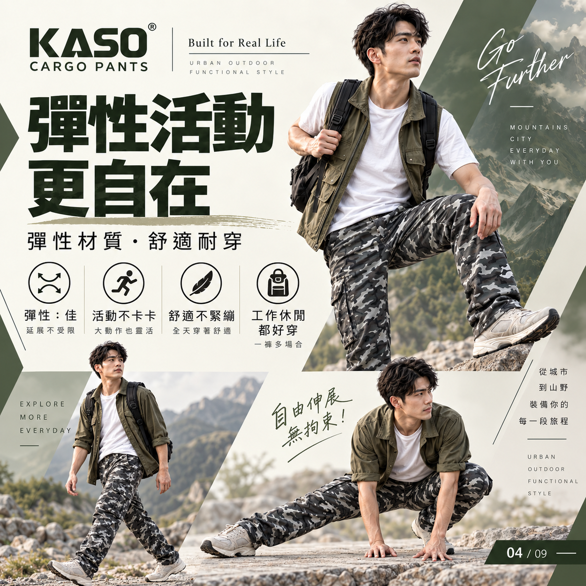 KASO 2606 彈性透氣迷彩多口袋工作褲 後側迷彩版型展示