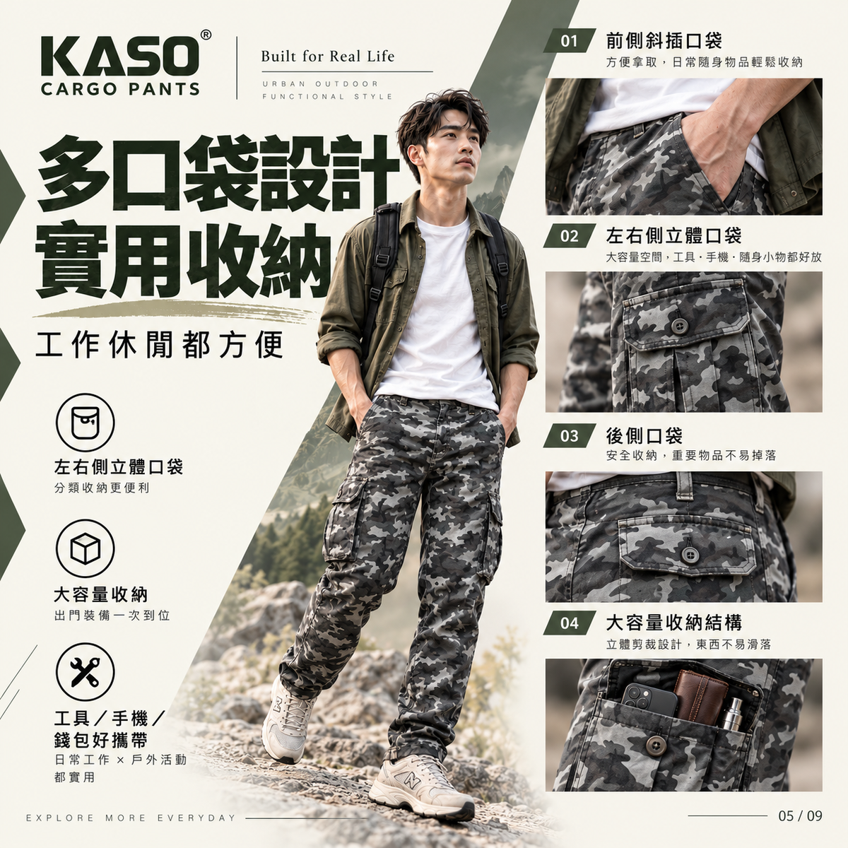 KASO 2606 彈性透氣迷彩多口袋工作褲 腰頭與皮帶環細節
