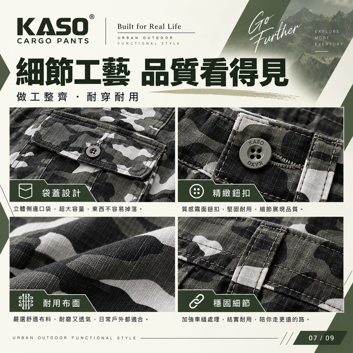 KASO 2606 彈性透氣迷彩多口袋工作褲 彈性與活動版型展示