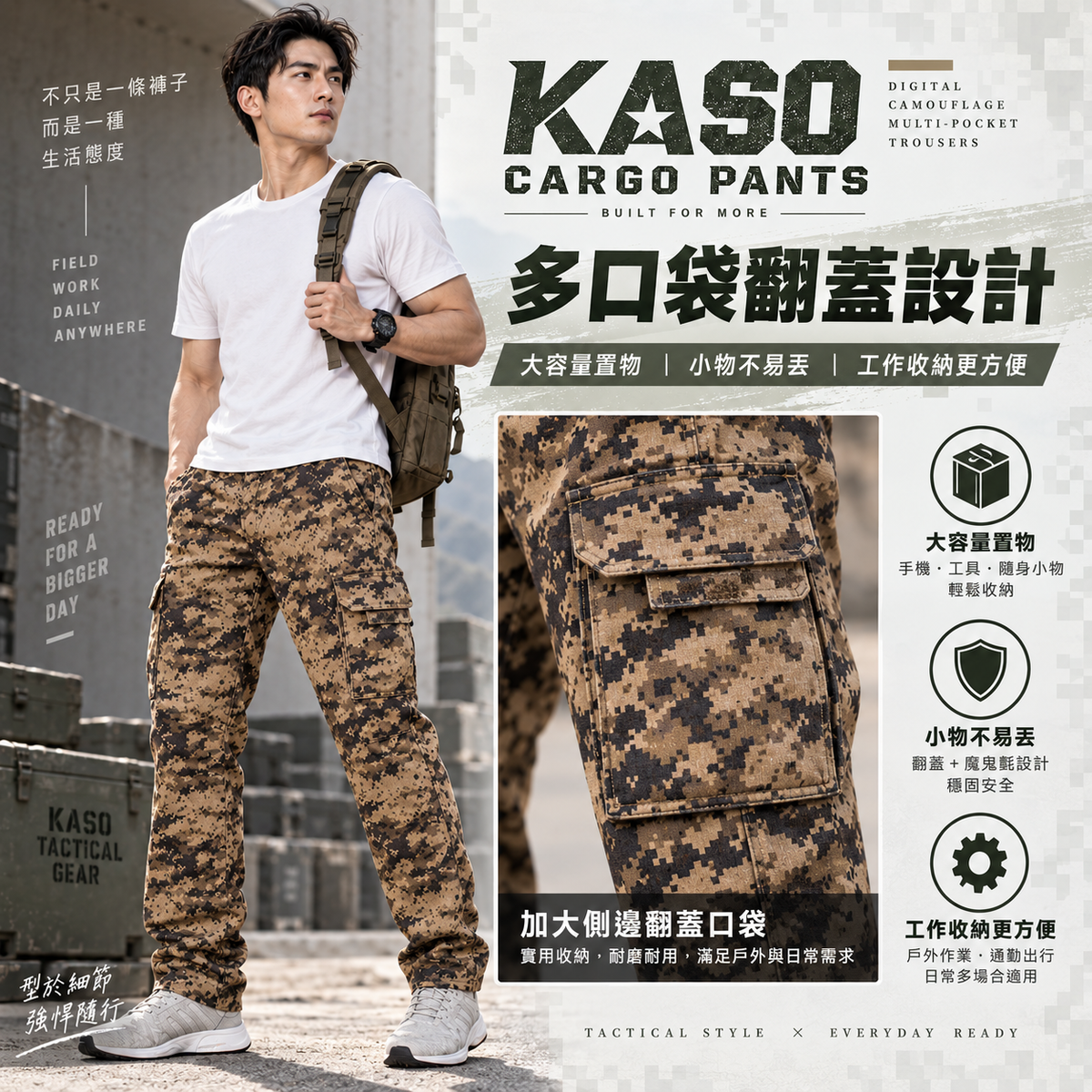 KASO 2028 厚磅彈性數位迷彩多口袋工作褲 後側迷彩版型展示