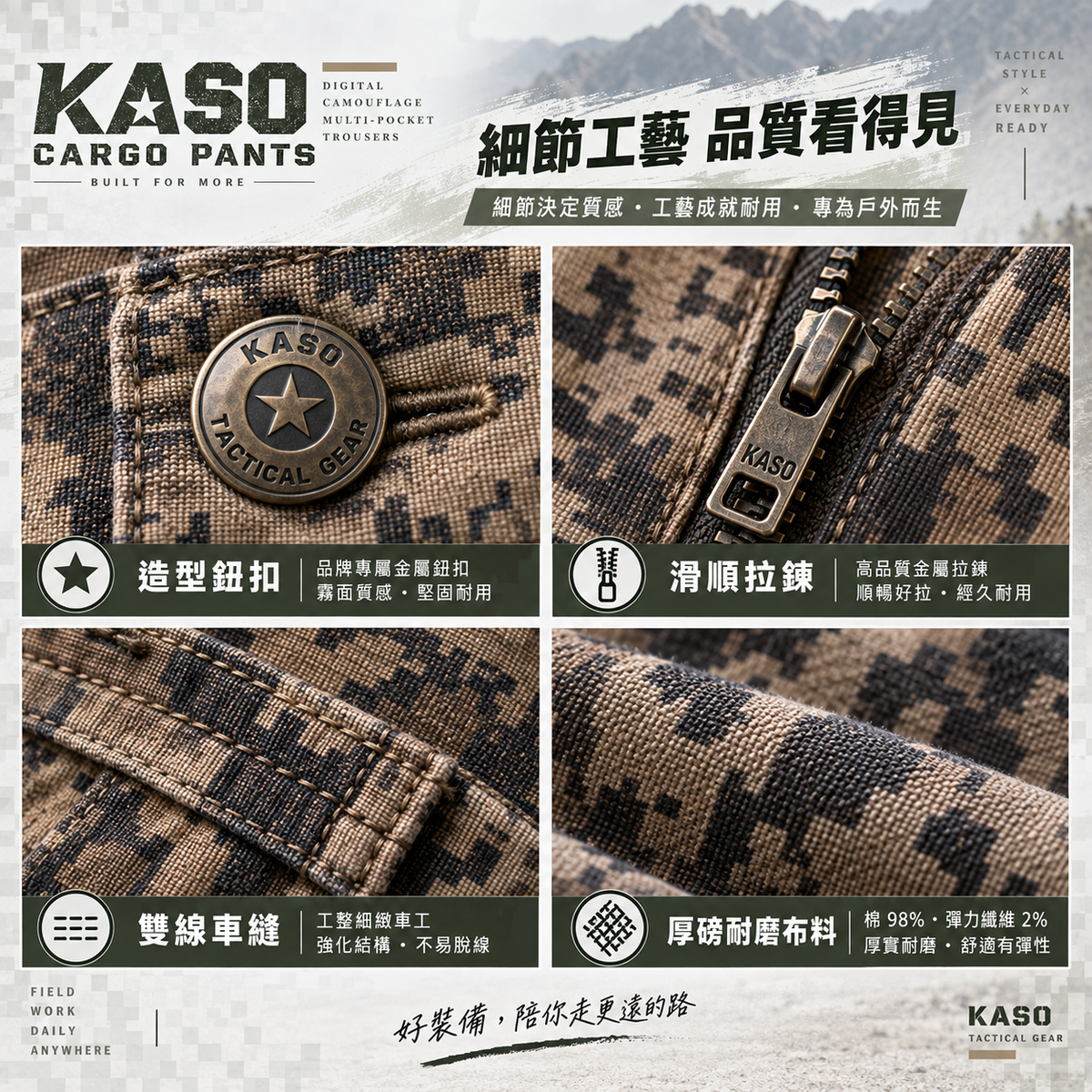 KASO 2028 厚磅彈性數位迷彩多口袋工作褲 工作口袋機能細節