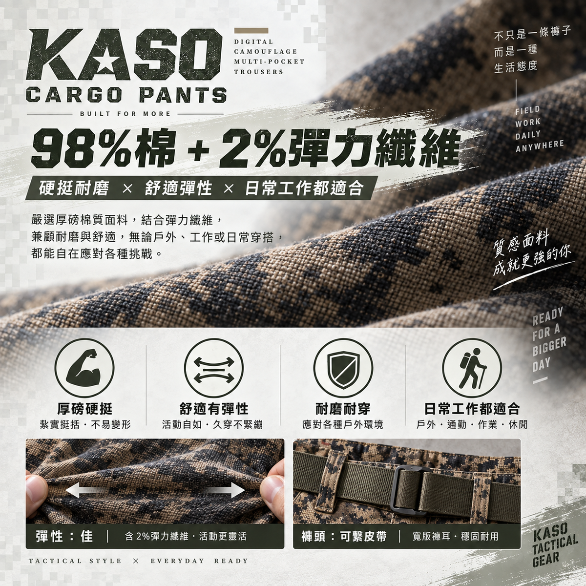 KASO 2028 厚磅彈性數位迷彩多口袋工作褲 彈性與活動版型展示