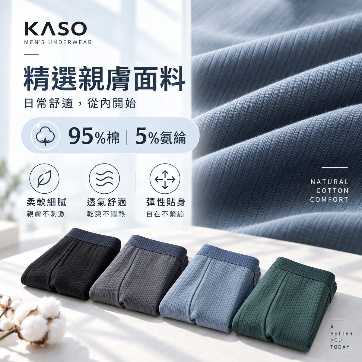 KASO 親膚純棉 男生內褲 抽條 坑條 彈性 透氣 平口褲 四角褲 A680