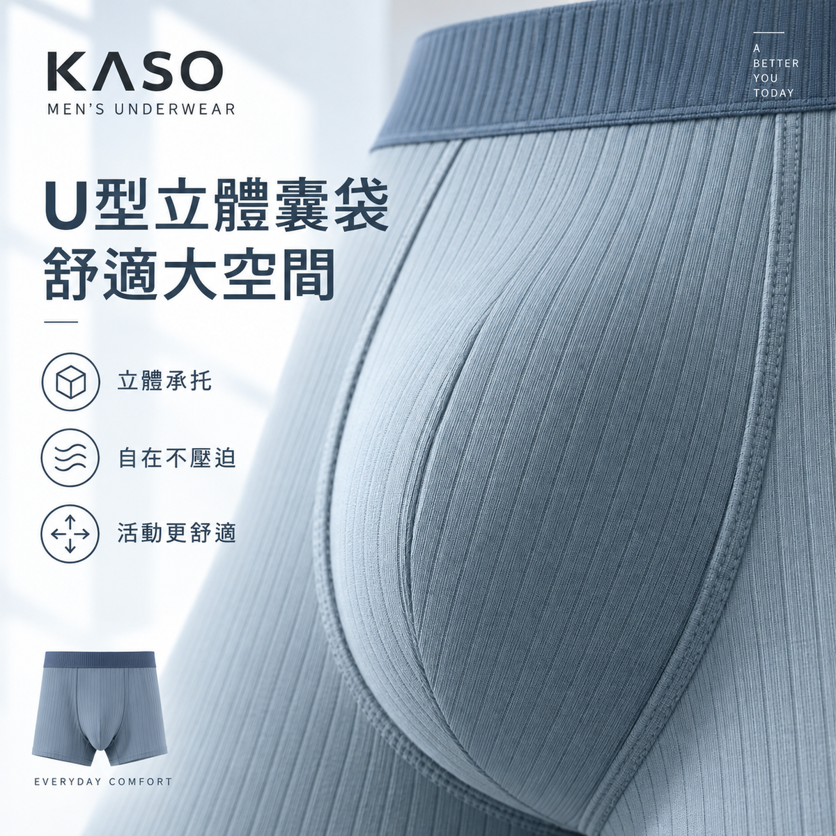 KASO 親膚純棉 男生內褲 抽條 坑條 彈性 透氣 平口褲 四角褲 A680