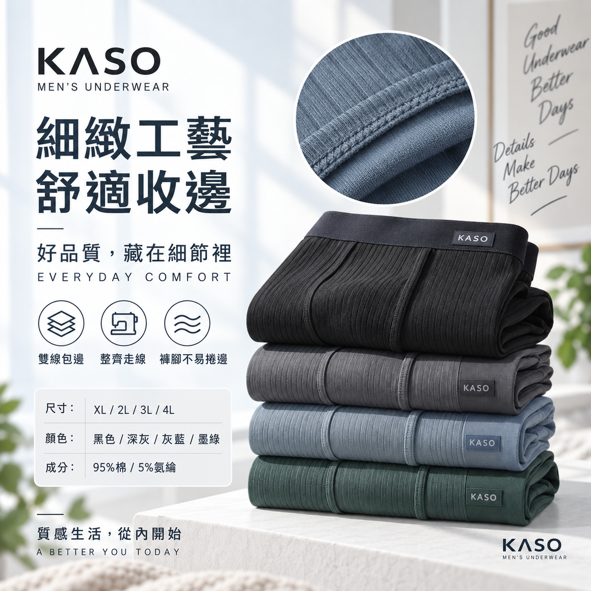 KASO 親膚純棉 男生內褲 抽條 坑條 彈性 透氣 平口褲 四角褲 A680